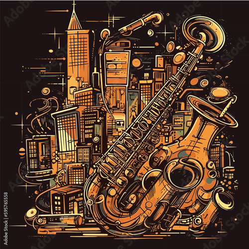 Colorful, abstract, vector illustration of jazz instruments coming together with city silhouette and lights to create a vibrant background