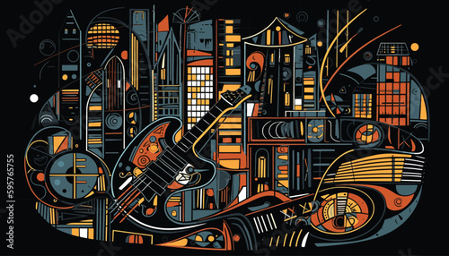 Colorful, abstract, vector illustration of jazz instruments coming together with city silhouette and lights to create a vibrant background