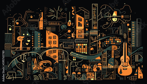 Colorful, abstract, vector illustration of jazz instruments coming together with city silhouette and lights to create a vibrant background