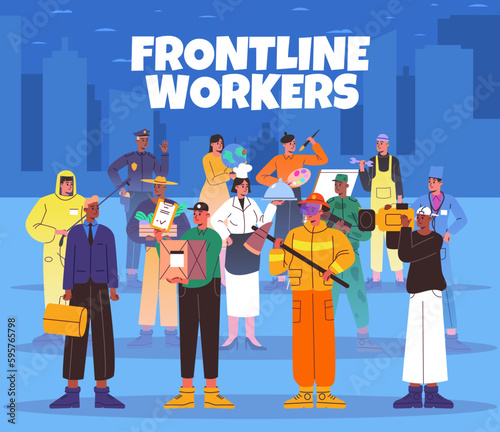 Frontline workers poster. Labor Day inspirational card. Representatives of different professions in uniform. Standing people group. Professional fireman and courier. Vector concept