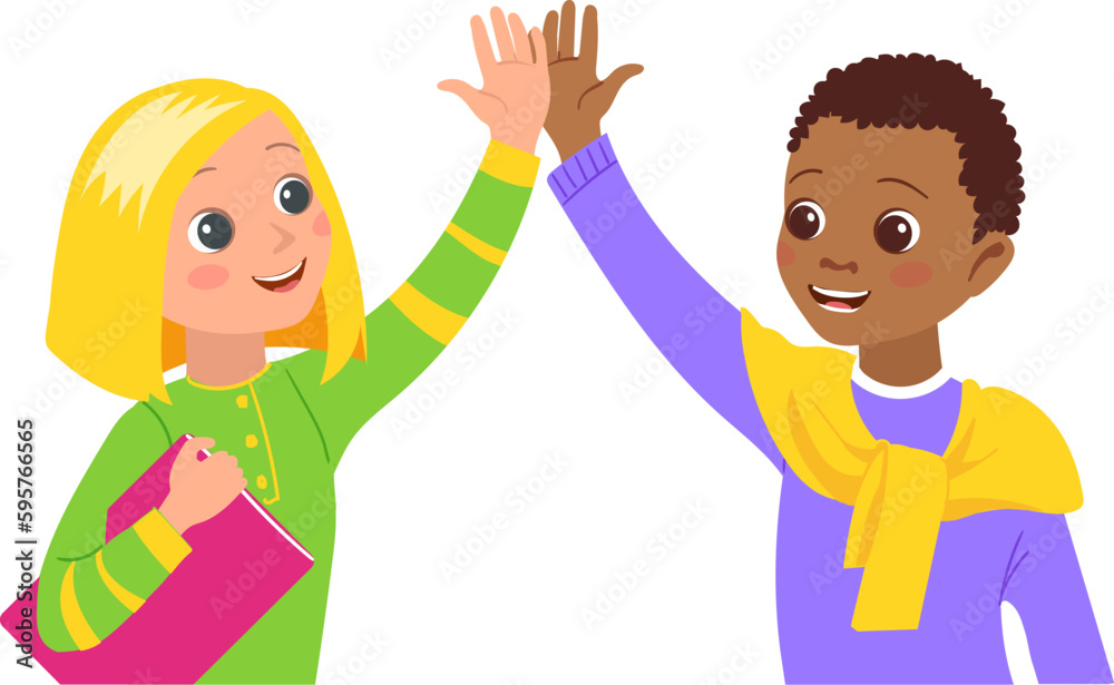 Kids greeting gesture. High five. Children smiling and clapping hands. Happiness expression. Positive emotion. Friends successful partnership. Success congratulations. Vector illustration Kids greeting gesture. High five. Children smiling and clapping hands. Happiness expression. Positive emotion. Friends successful partnership. Success congratulations. Vector illustration