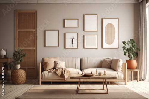 Interior design of a stylish, minimalistic and comfortable elegant living room on a white background. © ttonaorh