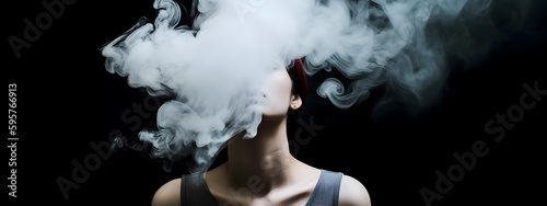 Cloudy smoke covering face of woman. Concept of heavy smoking or vaping.