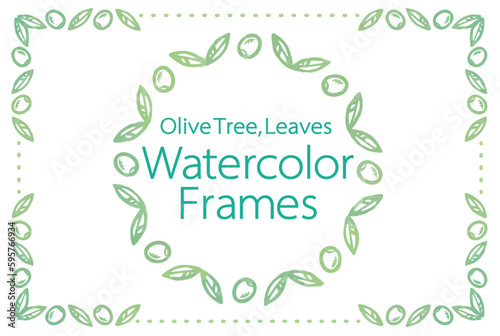 オリーブの実と葉を使ったフレームのデザイン・テンプレート。水彩風、ベクター素材。