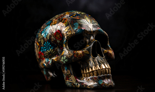 Typical Mexican skull painted isolated on black background. Panorama view. Dia de los muertos.