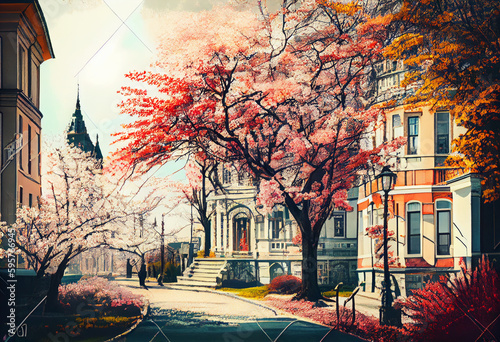 street in a European city, cherry blossoms, apple blossoms in the European city, spring, digital illustration generative AI © ALEXANDER