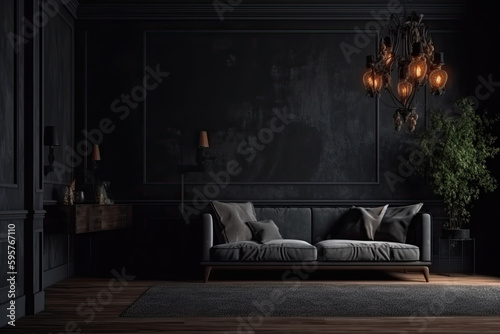 Interior design of a stylish and comfortable elegant living room on a black background 