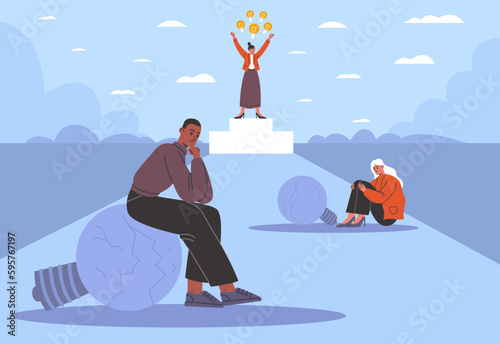 Lightbulb burnout idea. People with broken lamps. Unrealized plans and unsolved tasks. Creative happy girl with glowing light bulbs on pedestal. Exhausted man and woman. Vector concept