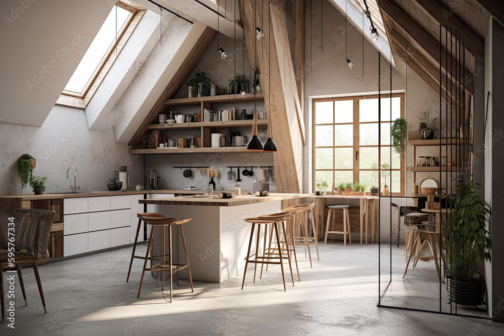 Interior design of the attic kitchen elegant and modern model Interior design of the attic kitchen elegant and modern model