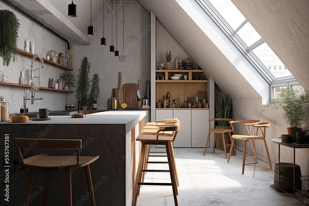 Interior design of the attic kitchen elegant and modern model Interior design of the attic kitchen elegant and modern model