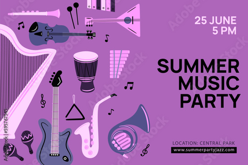 Musical festival poster. Classic orchestra. Chamber symphony concert announcement. Event invitation with acoustic instruments. Summer party. Garish vector performance banner design