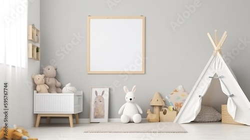 Mock-up poster frame in children's room on light grey background