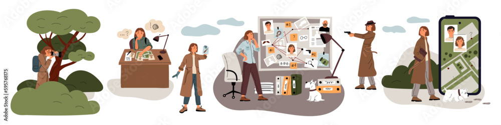 Private detective character. Woman in raincoat collects evidence. Case disclosure. Investigator spying and finding suspects. Surveillance and information gathering. Garish vector set