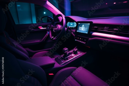 View of car driver seat interior with black leather cockpit and violet ambient lighting. Generative AI