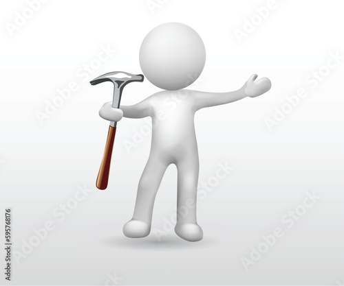 3d small people with hammer. 3d vector image design isolated white background.