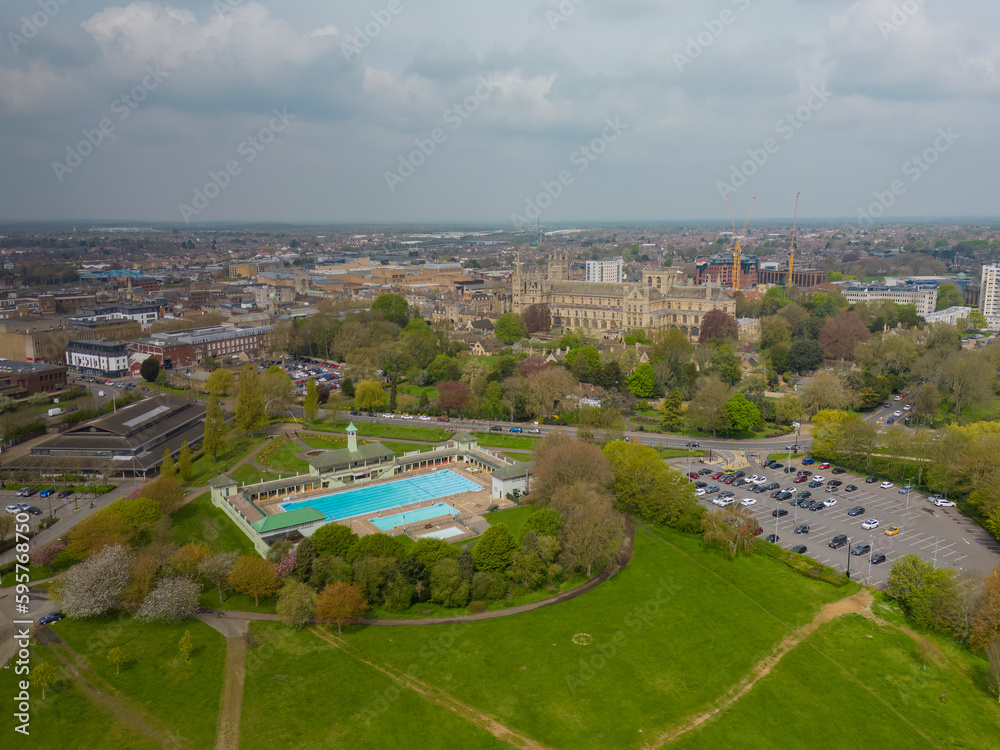 An aerial view of the Lido Outdoor Swimming Pool in Peterborough, Cambridgeshire, UK