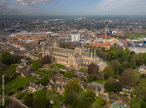 An aerial view of the Cathedral Church of St Peter  St Paul and St Andrew in Peterborough  Cambridgeshire  UK