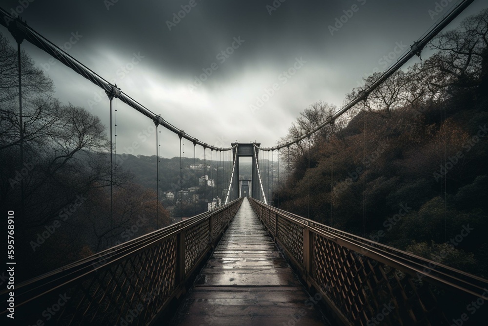 Suspension bridge against overcast sky. Generative AI