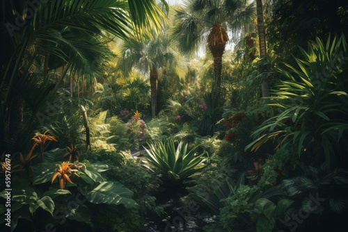 Lush green foliage  colorful flowers  and palm trees create a tropical paradise. Generative AI