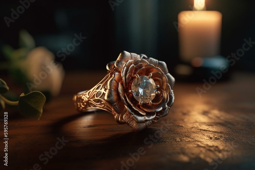 A 3D crafted ring with golden rose color specially designed for an engagement or wedding event. Generative AI