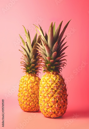 Tropical summer exotic background  bright summer colors  vivid pink background. Delicious pineapple  fruit as a real healthy refreshment. Illustration  Generative AI.