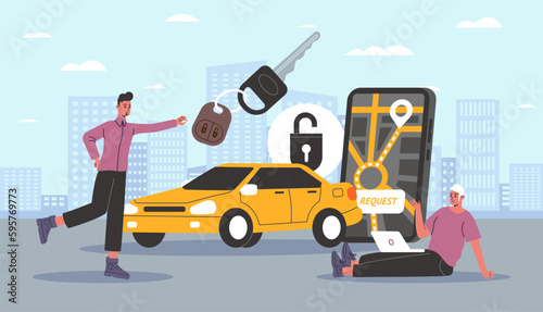 Taxi service. Mobile application for car finding. Cartoon people characters calling automobile to specific address. Men with auto key. Cab request. Smartphone app users. Vector concept
