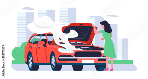 Woman with broken down car. Female stands on road and asks for help with repairs. Smoking motor. Automobile traffic. Assistance with faulty vehicle. Tow truck service. Vector concept