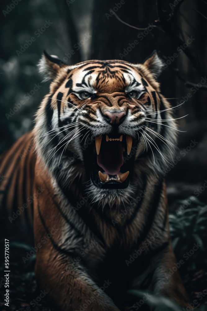 Obraz premium Wild tiger roaring aggressively. Jungle forest generative ai