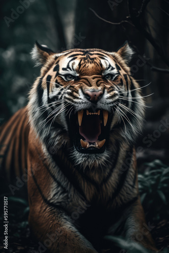 Wild tiger roaring aggressively. Jungle forest generative ai