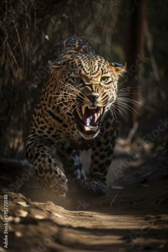 Wild Leopard panthera roaring aggressively. Jungle forest running generative ai © Roman