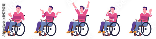 Young man with disability. Cartoon character sitting in wheelchair. Person talking by phone. Positive emotion expression. Smiling and laughing. Handicapped guy. Vector happy male poses set