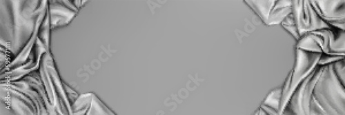Abstract background with silk fabric. 3d texture of elegant luxury silver satin cloth. Banner template with smooth textile drapes and copy space in center, vector realistic illustration