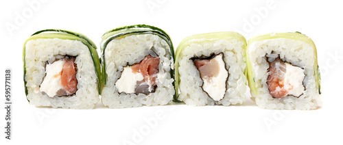 Sushi with fish and cucumber isolated on white background. Close-up
