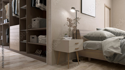 Luxury, modern walk in closet with storage, shelf, drawer, clothes in bedroom, wooden bed, gray blanket, bedside table in sunlight from window on beige brown stucco wall. Interior design background 3D