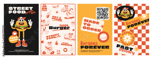 Burger retro cartoon fast food posters and cards. Comic character slogan quote and other elements for burger bar cafe restaurant. Menu, invitation, stories template. Groovy funky vector illustration.