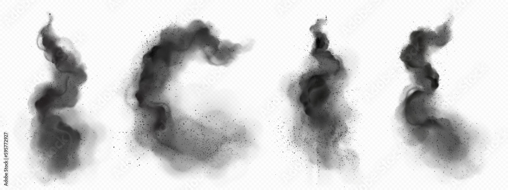 Realistic set of black smoke trails isolated on transparent background. Vector illustration of abstract ash clouds with particles flying in air. Plane, rocket, missile launch effect. Explosion smog - obrazy, fototapety, plakaty 