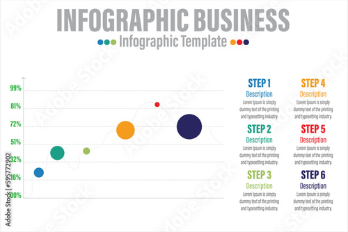 Timeline infographic template with 6 steps, 6 option 6 dot steps and starting point. Growth curve chart with sample text . Grey colors and multicolored points. Vector illustration.