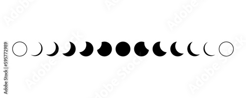 Black moon different phases or lunar phase waxing and waning magic mysterious boho on white background flat vector black icon design.