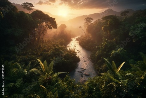 Illustration of the Amazon rainforest, featuring a river, steam, and sunrise amidst a tropical jungle landscape. Generative AI