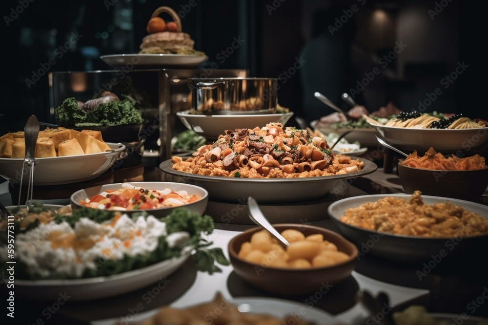 Assorted and abundant buffet dishes perfect for parties and banquets served on large plates and tables. Generative AI