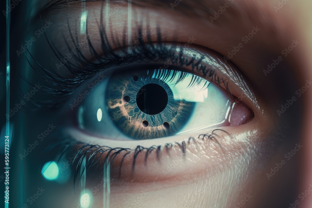 Fototapeta premium Person's eye fills the frame, computer-generated overlay. Generative AI