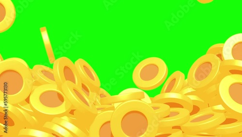 3d gold game coins falling on the floor. Concept of gold rain wealth fortune luxury success. 4K FullHD and HD render footage animation