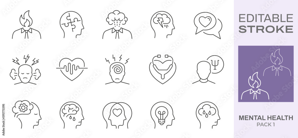 Mental health icons, such as charity, anxiety, stress, panic attack and more. Editable stroke.