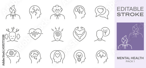 Mental health icons, such as charity, anxiety, stress, panic attack and more. Editable stroke.