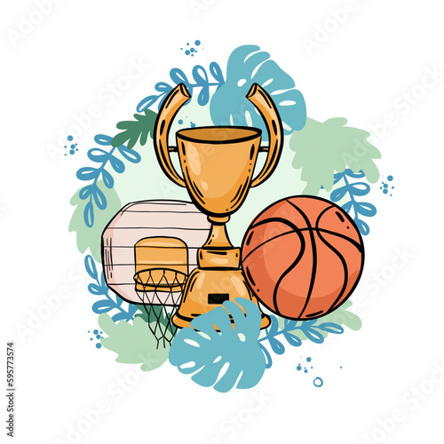 Basketball championship icon, streetball sport club or team league vector symbol. Basketball victory cup tournament icon with basketball ball and golden cup award,