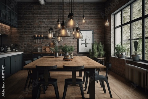 Industrial chic dining room with white brick walls, raw wood surfaces, exposed ductwork, and black metal. Generative AI
