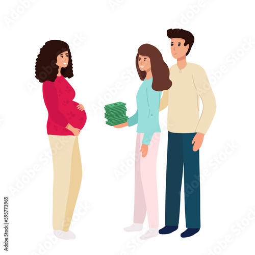 Couple with Surrogate Pregnant woman. Vector illustration flat cartoon style with hand drawn lettering. Adoptive parents. Surrogacy.