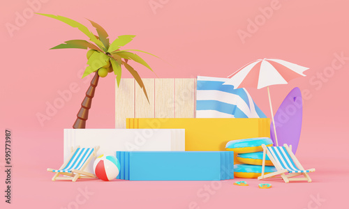 Summer vacation beach abstract background concept, Minimal Realistic Display Podium for Product mock-up or Cosmetics with summer theme, beach umbrella, sand, chairs, inflatable ring. 3d rendering © TANATPON