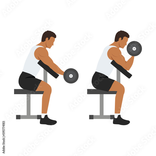 Man doing one arm dumbbell preacher curl side view.