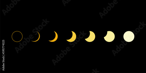 Moon different phases or lunar phase waxing and waning magic mysterious boho on black background flat vector black icon design.